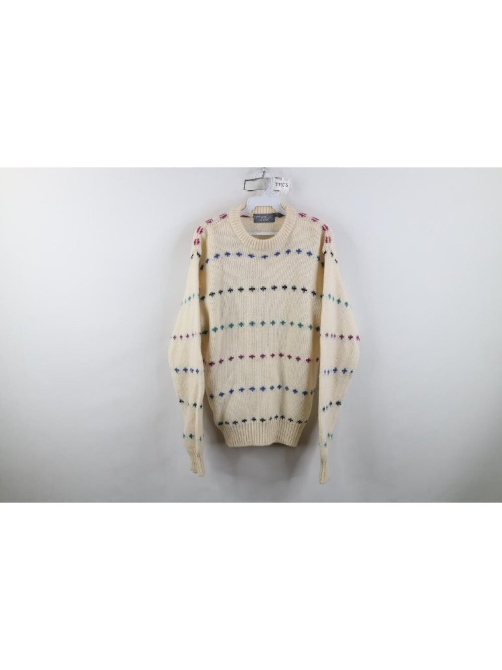 Vintage 90s Heavyweight Wool Crewneck Sweater Womens Size L Cream Geometric Knit